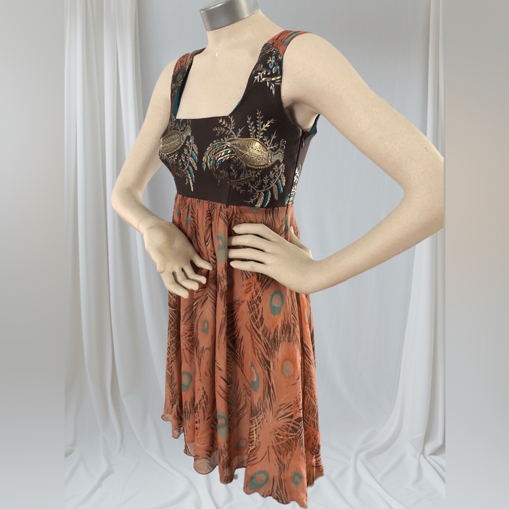 TRICIA FIX Silk Dress XS Mini Metallic Peacock Feather Blue Brown